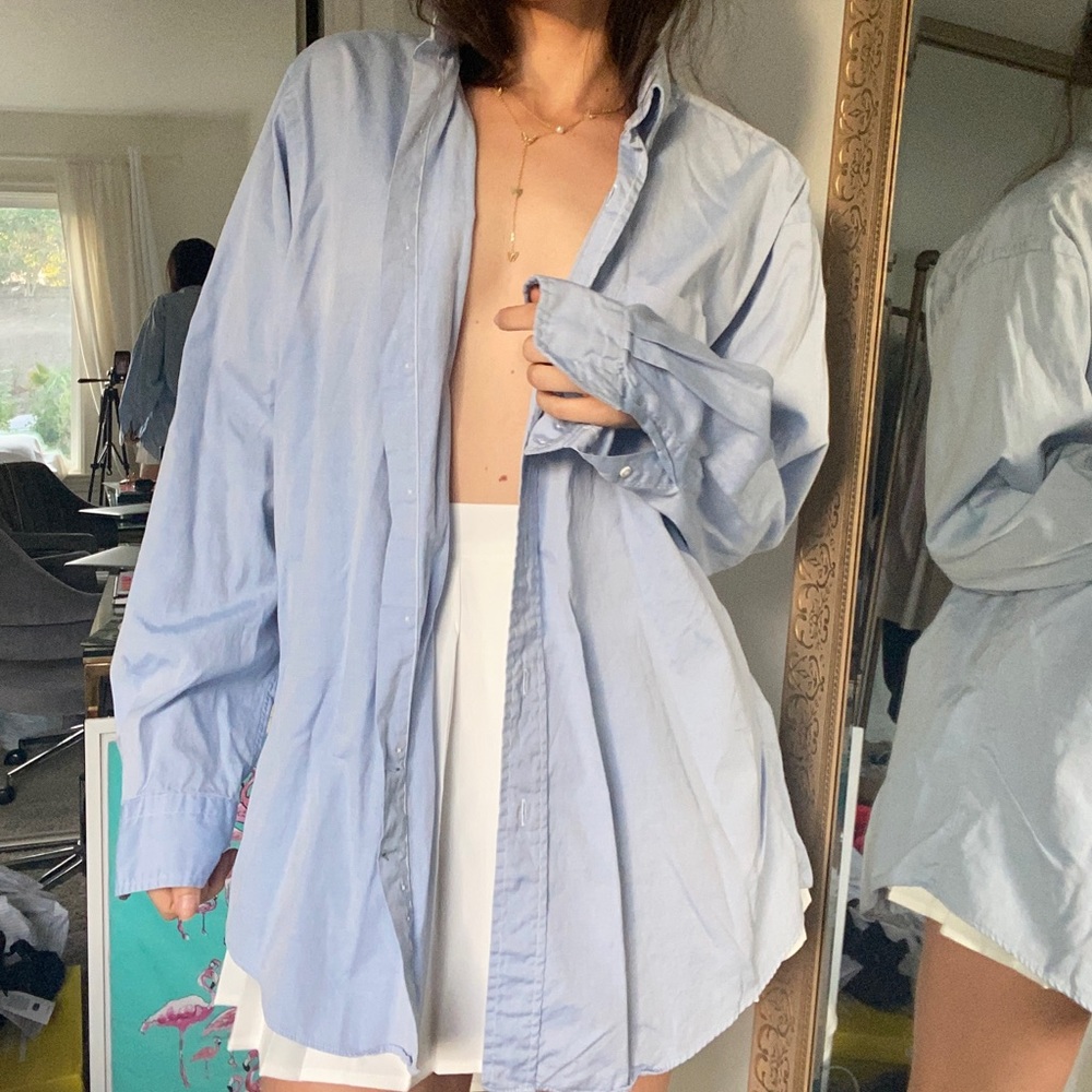 Blue Button Down Boyfriend Blouse - image 2